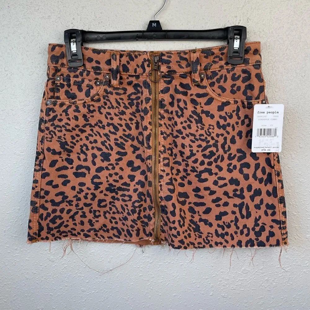 We The Free Denim Pineapple Combo Leopard Print Skirt Size 25
